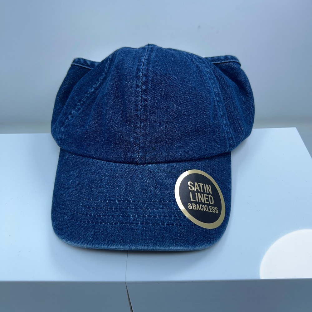 Arria Womens OS Blue Denim Satin Lined Backless Ponytail Baseball Cap Hat NWT